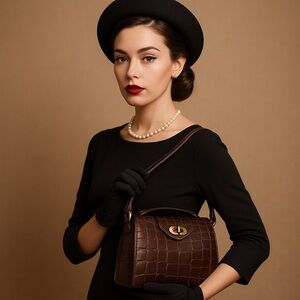 Vintage Marsac for Saks Fifth Avenue Croc Embossed Brown Leather Top Handle Bag